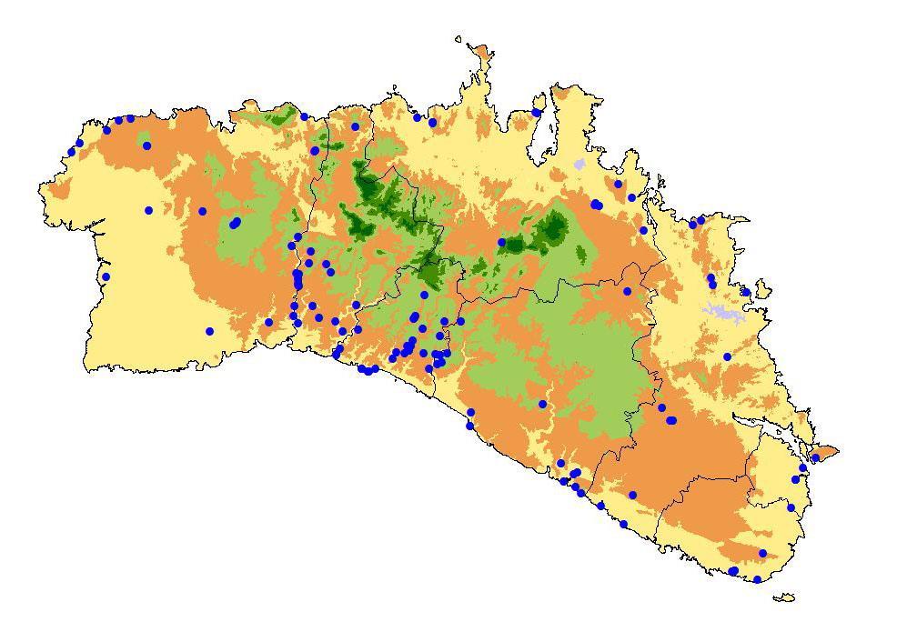 Mapa 2. Localización de cavidades en la isla de Menorca que han sido objeto de prospección en los últimos años y se han hallado indicios de quirópteros.
