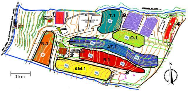 Bol. Téc.13, Ser. Zool.12-13: 53-69, 2017. Figura 2 - Mapa del campus de la UIDE, sección A, segmentada en parches de colores, 2012.