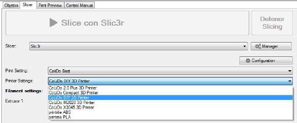 Slic3r" para generar.gco. Paso 1: Seleccione Slic3r. Paso 2: Seleccione la calidad en la que desea imprimir.
