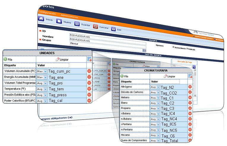 Creación de Reportes Los reportes permiten configurar Tags agrupados por tablas, para luego obtener valores de los mismos entre rangos de fechas.