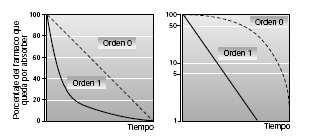Cinética de absorción de orden 1 (línea continua) y de orden 0 (línea