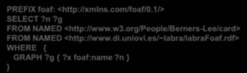 SPARQL Especificar conjuntos de entrada FROM indica la URL de la que proceden los datos Modelizar las siguientes tablas en ficheros RDF Ejercicio PREFIX foaf: <http://xmlns.com/foaf/0.1/> SELECT?