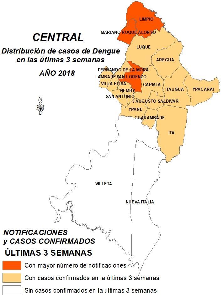 EN CENTRAL: Los distritos con mayor número de notificaciones en el periodo que va de 18 de febrero al 10 de marzo son: Mariano R. Alonso, Limpio, San Lorenzo.