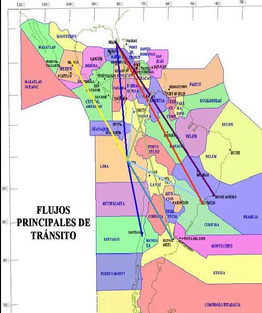 GRÁFICO N 2 FIRS DE LA REGION DEL CARIBE Y SUDAMERICA Fuente: CORPAC El Servicio de SNAR se brinda tanto a las aeronaves que sólo cruzan el espacio aéreo (sobrevuelo) como a aquellas en vuelo