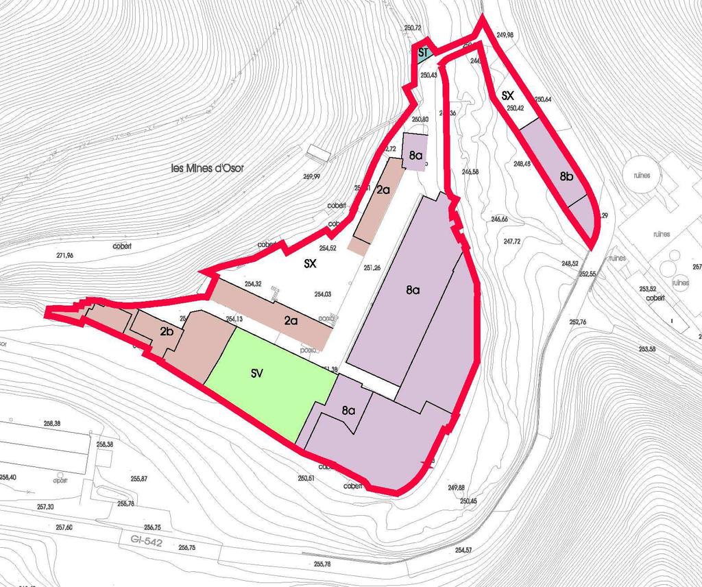 PAU-5. LES MINES D OSOR Situació. Comprèn un polígon únic de 10.904,06 m² que abarca la totalitat de l àmbit de l antiga colònia minera d Osor situada a uns 4 kms.