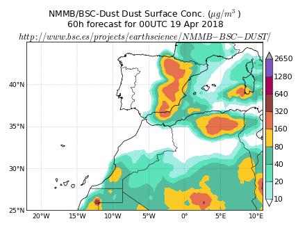 Concentración de polvo (μg/m 3 ) predicha por el modelo NMMB/BSC-Dust para el