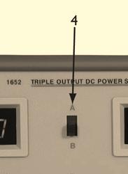 3. Interruptor (4) en B Nota: Este interruptor es solo para visualizar corriente y voltaje en las carátulas, ya sea de la fuente A o B, puede variar el voltaje