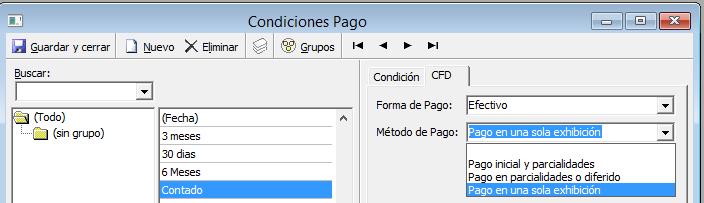 Configurar la pestaña CFD Cuando la condición de Pago es al Contado y su método Pago es una sola exhibición (PUE) no se