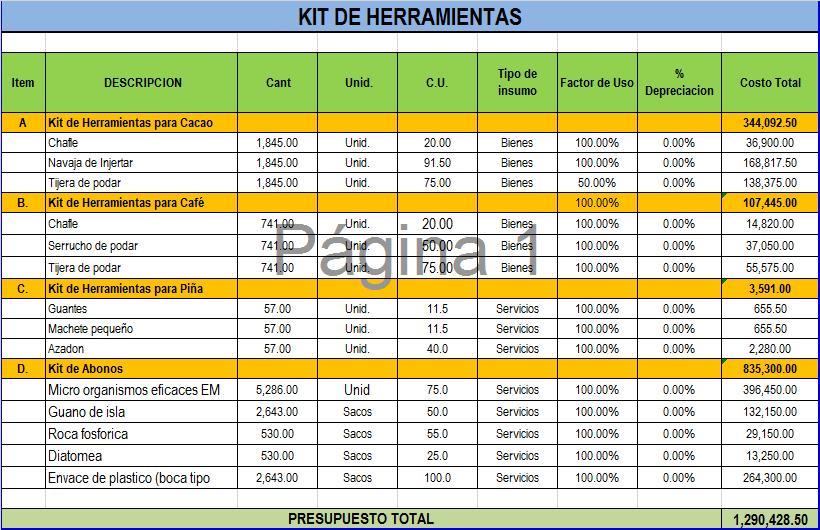 En el cuadro adjunto se presenta los costos del KIT de Herramientas que se entrega a los productores y que asciende a S/. 1, 290,428.