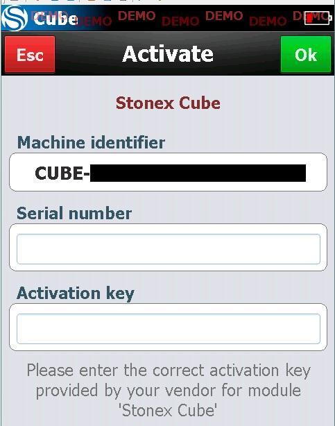 Si prefiere activar y disfrutar de la versión complete de Stonex Cube, Haga click en Enter activation key (ingresar Llave de activación).