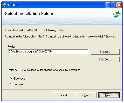 Figura 1.18 Pantalla para seleccionar el destino de la carpeta de instalación X-CTU. 6.- De click al botón Next y justo después aparece una pantalla de actualización, pulse el botón Si.