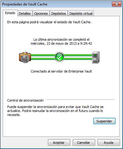 Administrar el archivado de Enterprise Vault Sincronizar Vault Cache 42 Para suspender o reanudar la sincronización 1 Haga clic en la ficha Archivo y en Enterprise Vault.