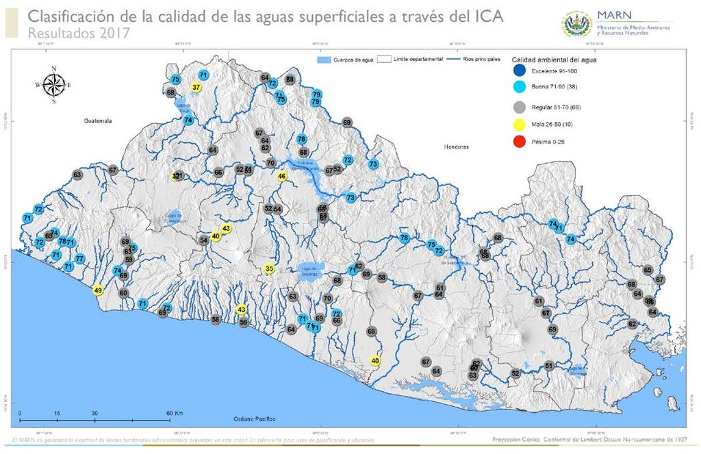 Informe de la calidad del agua de los ríos de El Salvador 2017 Análisis de resultados de la calidad del agua Se realizó una evaluación de los parámetros de calidad de agua comparando con las guías de