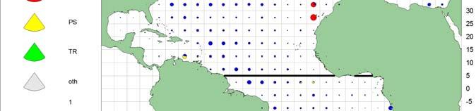 Las capturas de curricán y cebo vivo antes de la década de los 90 han sido asignadas a una única cuadrícula de 5ºx5º en el golfo