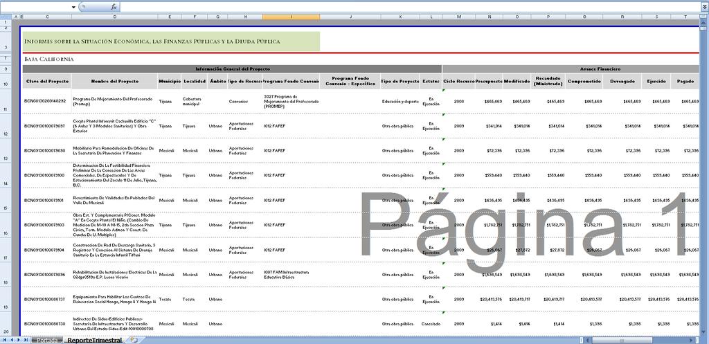 Se mostrara el reporte con el detalle del avance de los proyectos, en formato Excel