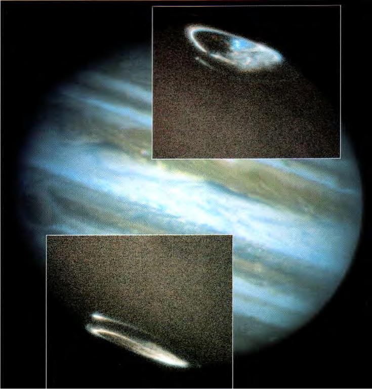 Auroras en Júpiter Partículas de alta energía son conducidas por las líneas de campo magnético y golpean la atmósfera cerca de los polos, causando que los