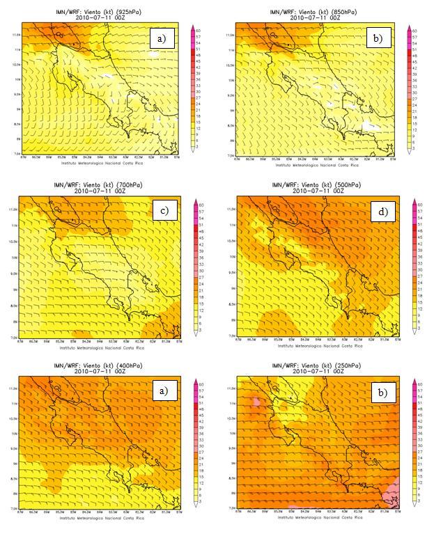 Los análisis de viento del modelo numérico WRF reflejan el ingreso del viento del oeste en los niveles atmosféricos bajos (925-85 hpa), figuras 11 a) y b); por otra parte, en 7-5 hpa el flujo