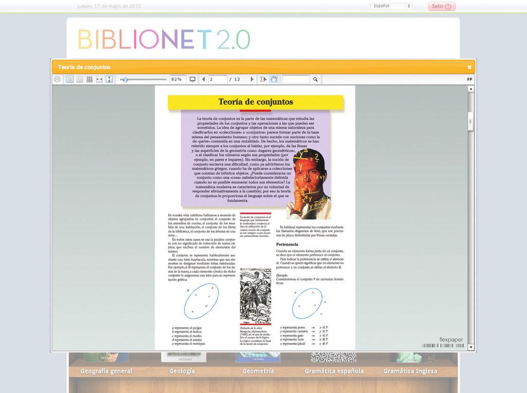 Haciendo clic sobre un capítulo se muestran las páginas a través del visualizador de BIBLIONET 2.0.