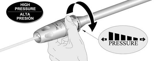 The spray is adjusted by turning the black part of the nozzle. (Fig. 5) CAUTION: The pencil point spray adjustment is very aggressive.