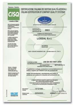 Certificaciones y Reconocimientos Loxeal Adhesivos Industriales, S.L. Madrid, España.