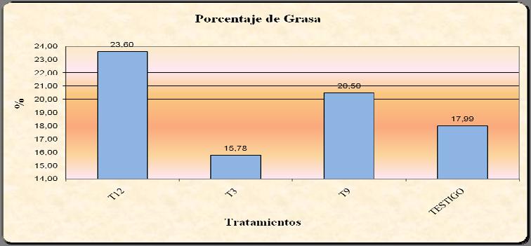 CUADRO 30. VARIABLE PORCENTAJE DE GRASA. TRATAMIENTOS UNIDADES CANTIDAD T12 % 23.60 T3 % 15.78 T9 % 20.50 TESTIGO % 17.