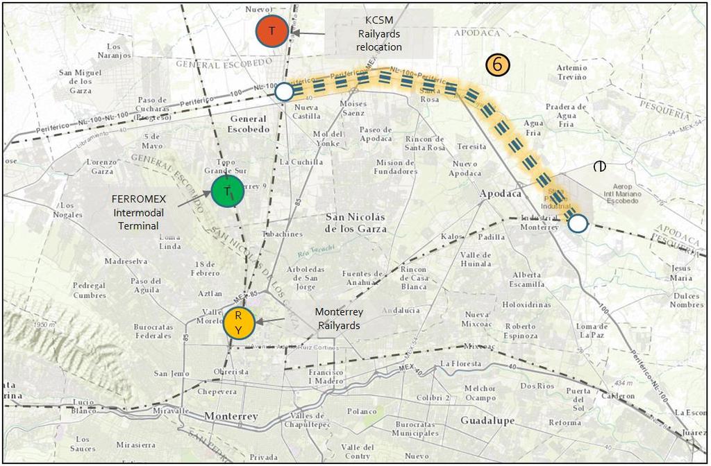 Restructuración ferroviaria de Monterrey Información técnica Longitud (km): 21.0 Clase (A-C): A DT (trenes/día): 16/32 Vias (#): Doble Plan de inversiones Costo (m.dlls): 28.