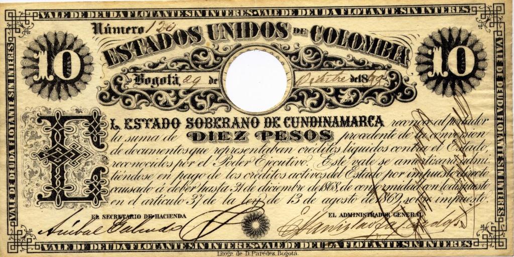 Estado Soberano de Cundinamarca, diez pesos, vale de deuda flotante sin interés, 1870 En el año de 1870 salieron dos nuevos valores, de cincuenta y cien pesos, pick 170 y 171, respectivamente.