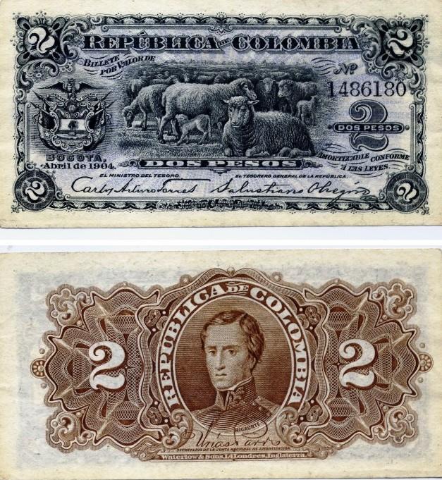 Dos pesos: Anverso. República de Colombia, dos pesos. Escudo nacional a la izquierda. El centro del billete está ilustrado con un rebaño. Bogotá, abril de 1904.