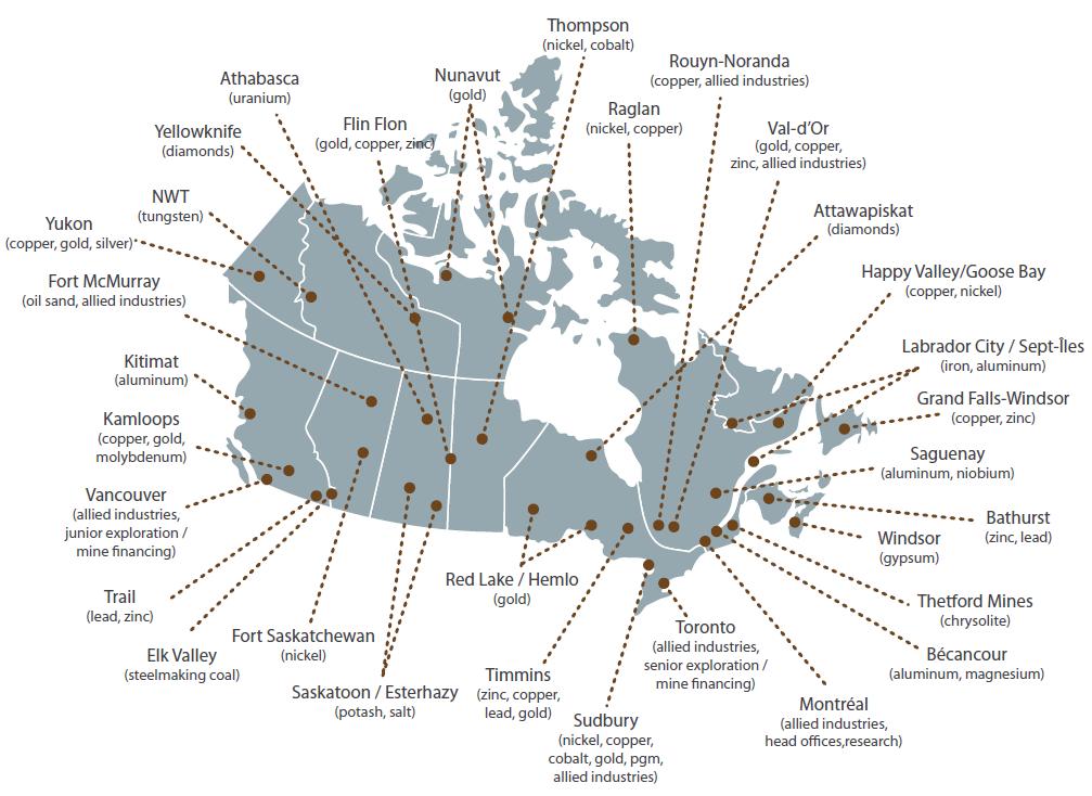 Clúster minero de Canadá Características principales Mapa minero de Canadá Número de minas: 76 (metálicas.