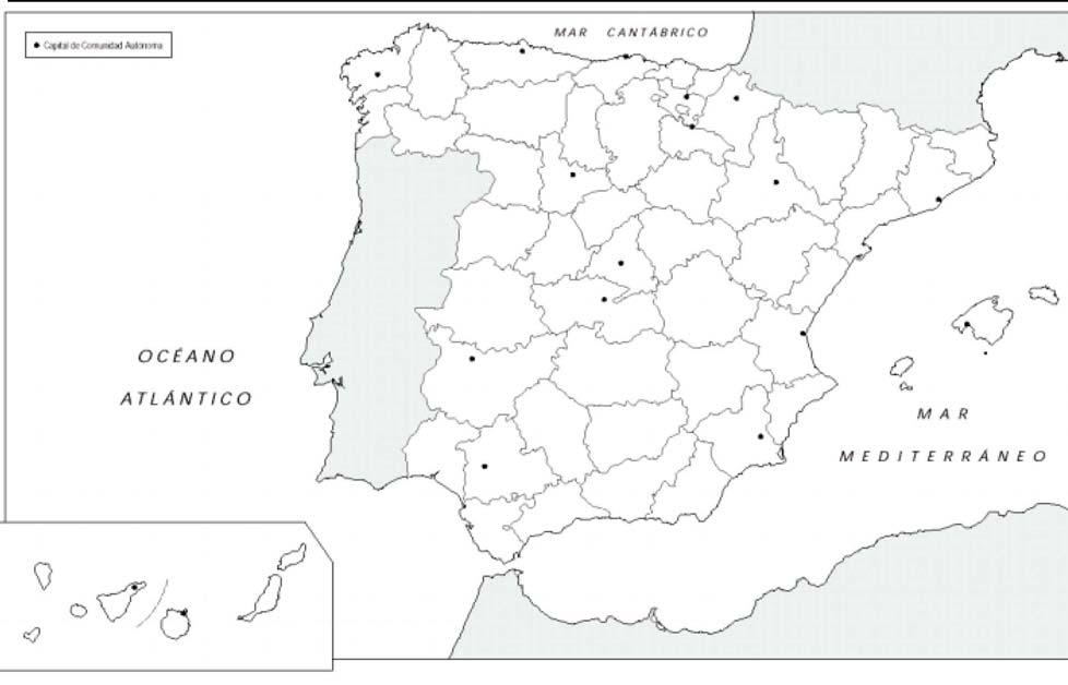 5. Sobre el mapa político de España realice las siguientes actividades 4º 1 2 3 4 5 6 a) Escriba el nombre de las capitales de las comunidades autónomas españolas.