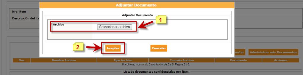 A continuación, se visualiza la pantalla para que el proveedor adjunte el archivo correspondiente, y luego selecciona la opción Aceptar para registrar la información.