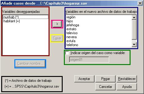 Unir archivos de datos - Agregar o añadir Casos Después de ubicar y seleccionar el segundo archivo dar clic en ABRIR, aparecerá la ventana de Añadir casos.