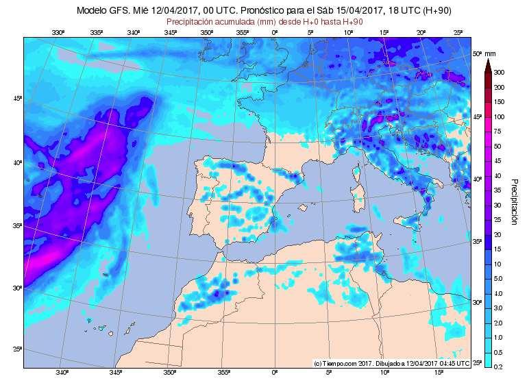 Figura 31. Precipitación acumulada hasta el día 15 de abril a las 18 UTC. Modelo GFS. Fuente: www.tiempo.