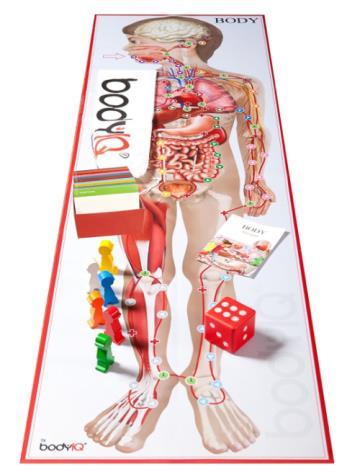 Juego que consta de un tablero grande con la imagen del cuerpo humano, un set de 240 tarjetas de preguntas