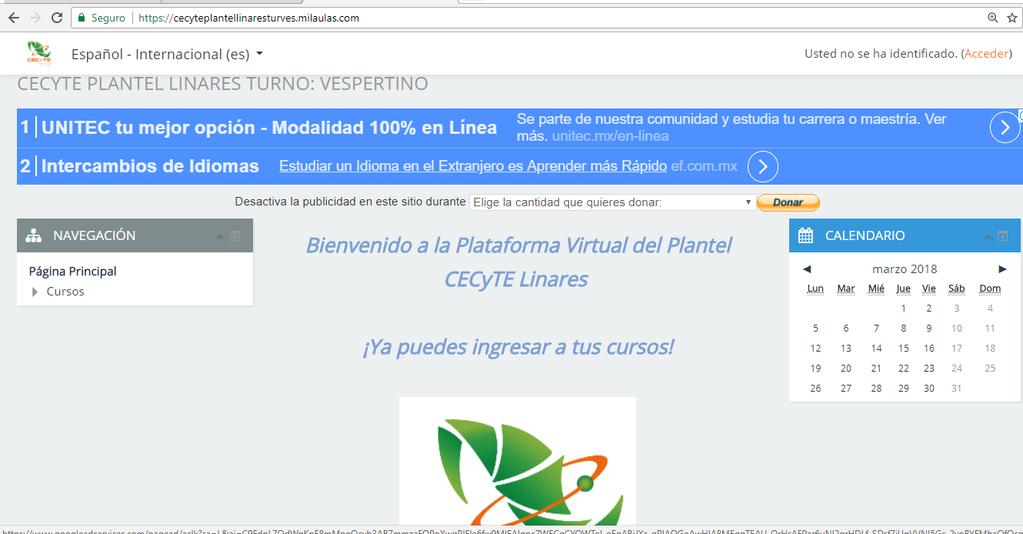 2 1.1 Acceso a la Plataforma. Para trabajar en la plataforma virtual del Plantel CECyTE Linares, se debe de contar con conexión a Internet, es necesario introducir el link en el buscador.