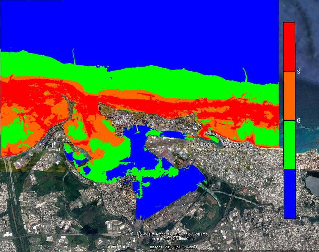Apéndice 3: Mapa de Corrientes inducidas por tsunami para la Bahía y el puerto de San Juan (A. Mercado, RSPR). Este escenario contempla el evento catastrófico de FEMA.