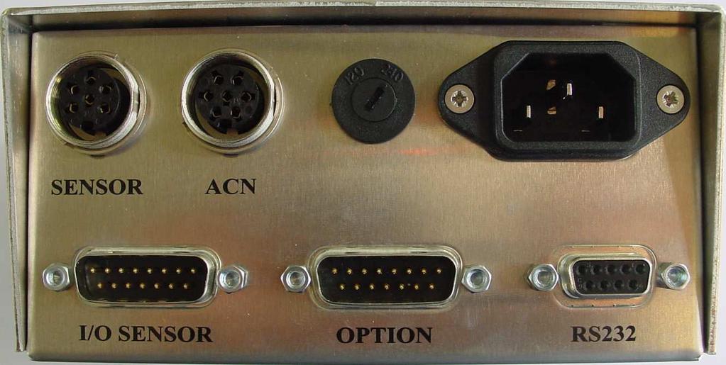 1.2 Descripción de la cara trasera Conector SUB-D 6 para conectar el medidor R00 al sistema electrónico Conector SUB-D 7 Para conectar el ACn al sistema Selector de tensión 2 posiciones 110 VAC o