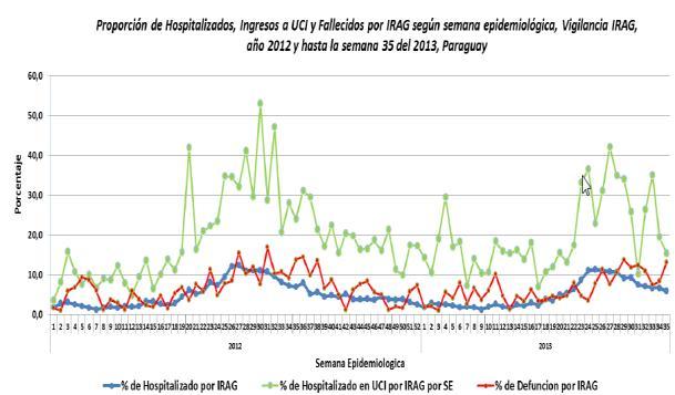 Distribución de virus respiratorios - 2013 Paraguay. Casos IRAG. Hospitalizaciones e ingresos en UCI (%) Paraguay.
