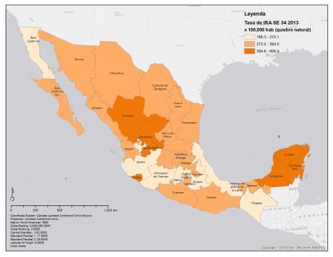 En México 2, a nivel nacional durante la SE 35, el número de casos de IRA se incrementó un 4,9% y el número de casos neumonía disminuyó en un 1,1% respecto a la SE anterior.