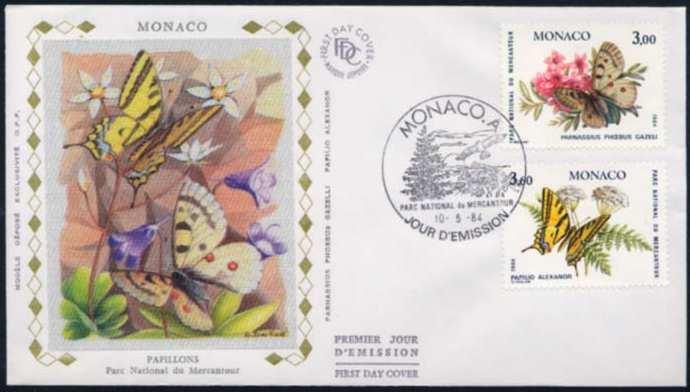 1984 Mayo 10 : Parque Nacional del Mercantour : Mariposas y flores, primer día de circulación (5 valores) (Y