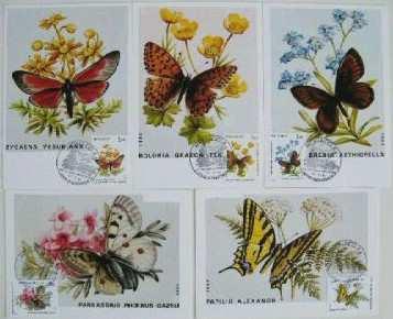 1984 Mayo 10 : Parque Nacional del Mercantour : Mariposas y flores, primer día de circulación, tarjetas maximum (5 valores) (Y & T : 1420-1424) (Scott : 1426-1430).