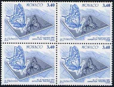 1987 Julio 28 : Exposición Filatélica : Mariposa y realización de sellos, en bloques de 4 sellos (4 valores) (Y & T : 1585-1588) (Scott : 1586-1589).
