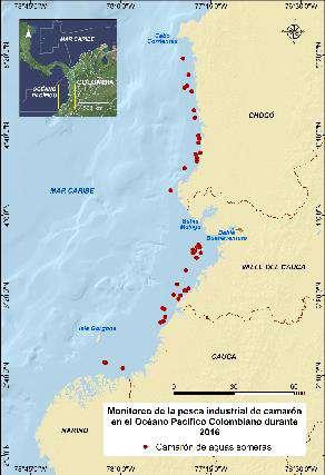 Figura 9.7. Sitios de monitoreo pesquero a bordo realizado a la flota industrial de arrastre de Camarón de Aguas Someras en el Pacífico colombiano durante 2016.