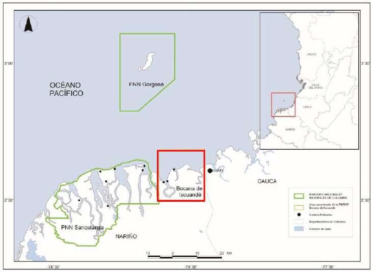 Figura 9.48. Área de estudio (rectángulo rojo), con influencia de dos Parques Nacionales Naturales (polígonos verdes), tomado de Calidris.