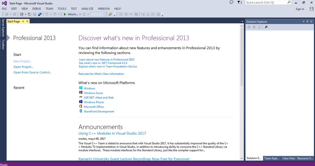 Entorno de Visual Studio 2013 (Pantalla de Inicio).