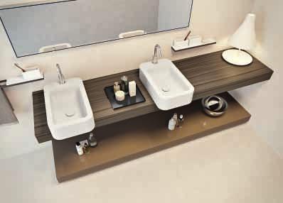 Mensola Up e base a terra in Touch brown con lavabi Kappa. Console Up in moka glass surface with surface basins Cup26 of Corian. On the floor base made to measure shelf of Corian.