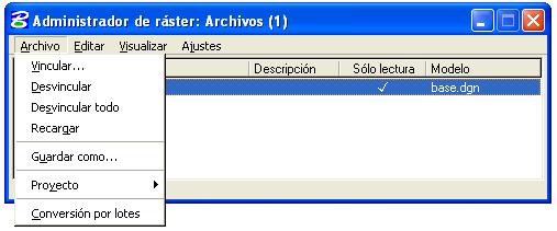 En la paleta del administrador de ficheros ráster se puede elegir el fichero a vincular definiendo previamente la unidad, carpeta, nombre y la extensión de fichero a vincular, además dispone de un