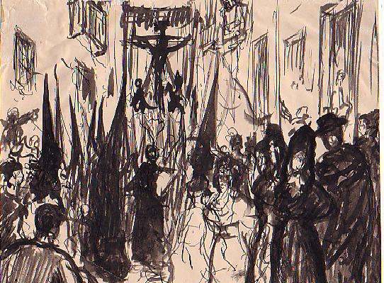 El dibujo a tinta con aguada sobre papel de factura 1940, muestra un paso de procesión que mantiene la tradición modernista ya mencionada.
