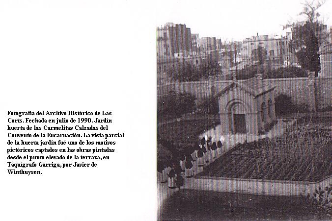 Photograph is part of the Historical Archive of Las Corts. It is dated in 1990. This is a view of the garden of the Shoed Carmelites of the Encarnacion.
