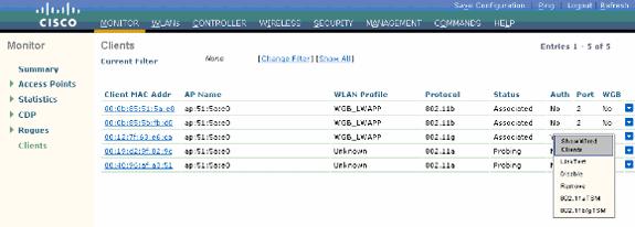 Del regulador CLI, usted puede utilizar este comando para ver la lista de WGB conectados con la red: show wgb summary Aquí tiene un ejemplo: (Cisco Controller) >show wgb summary Number of WGBs.